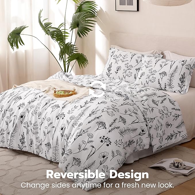 Joiedomi King Size Comforter Set White, 3 Pieces Floral King Bedding Set with 1 Soft Reversible Botanical Comforter and 2 Pillow Shams, Bed in a Bag for All Seasons