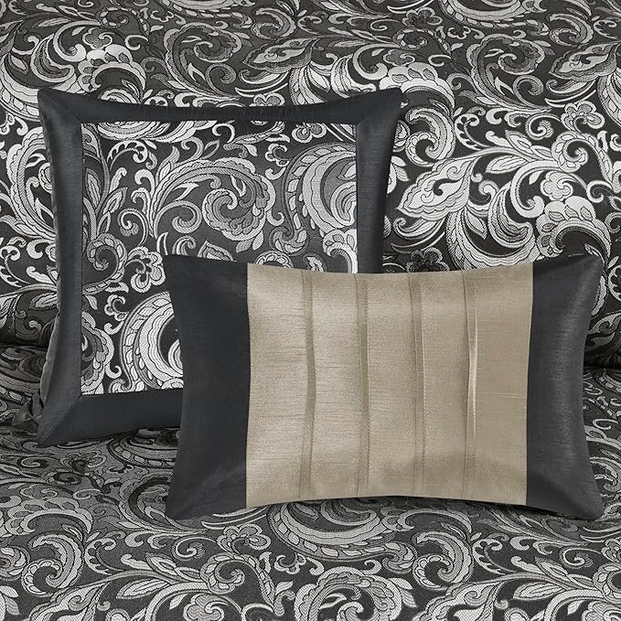 Madison Park Essentials Brystol 24 Piece Room in a Bag Faux Silk Comforter Jacquard Paisley Design Matching Curtains Down Alternative All Season Bedding-Set, Black 24 Piece, King(104 in x 92 in)