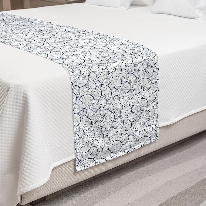 Lunarable Nautical Bed Runner, Sea Waves Abstract Swirls Spirals Stream Stormy Weather River Illustration, Decorative Accent Bedding Scarf for Hotels Homes and Guestrooms, King, Pale Blue