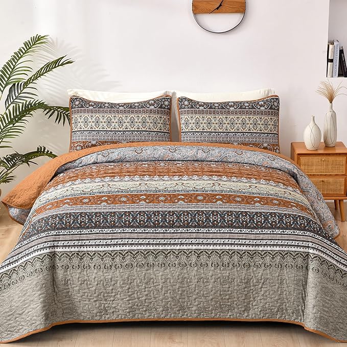 WONGS BEDDING Boho Quilt Set Full, Brown Grey Bohemian Quilt Bedding Set, Ultra Soft Lightweight Bedspread for All Season Reversible Microfiber Coverlet Bedding Set 90"x78"(3 Pieces)