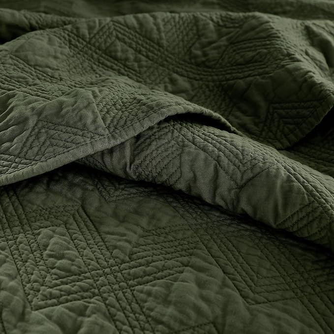 WDCOZY 100% Cotton Twin Size Quilt Set - Olive Green Pre-Washed Soft Lightweight Modern Bedspread, Farmhouse Country Rustic Coverlet, Textured Like Linen, Shabby Chic Gauze Bedding, 2 Pieces