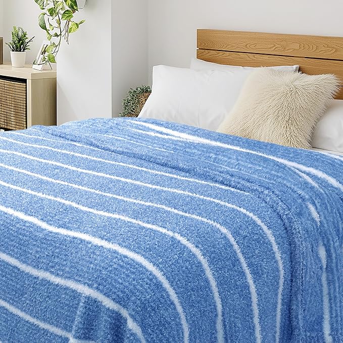 DEZ FURNISHINGS Oversized Cozy Knit Look Cloud-Soft Plush Printed Fleece Throw Blanket, Lightweight & Breathable, Queen (90" x 90"), Persian Blue Stripe