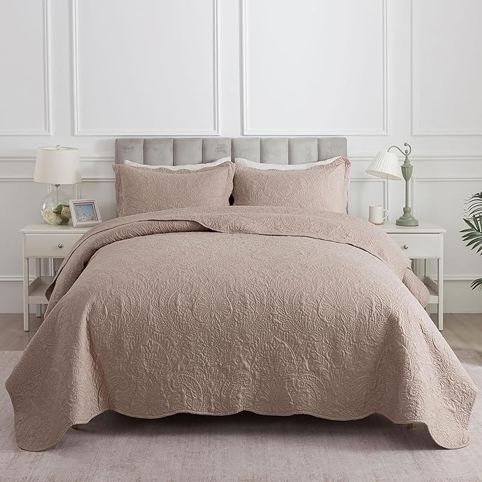 HoneiLife Quilt Sets King Size - Microfiber Bedspreads for King Bed, 3-Piece Lightweight Coverlets, Retro Bedlinen Sets, King Quilt Bedding Set All Season Use-Dark Khaki