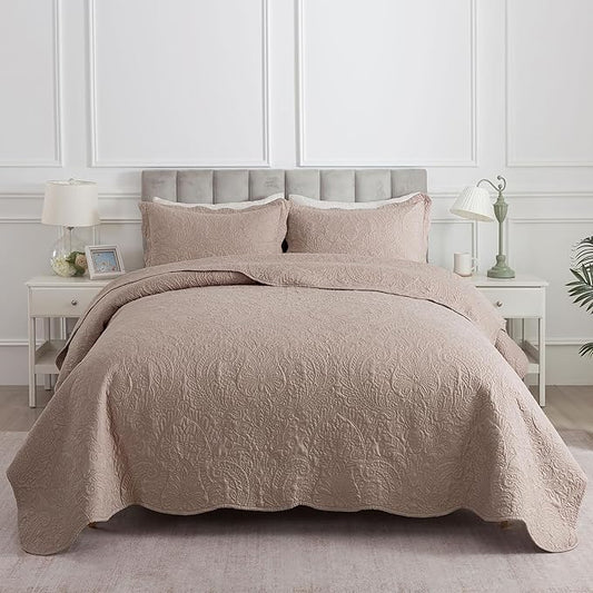 HoneiLife Queen Quilt Bedding Set - Microfiber Quilt Sets for Queen Bed, 3-Piece Lightweight Bedspreads,Reversible Coverlets Rustic Bedlinen Sets, Floral Bedding Set All Season Quilts-Dark Khaki