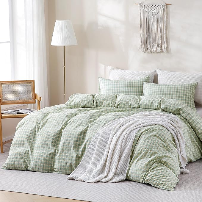 TOCOMOA Plaid Duvet Cover Set 100% Washed Cotton Like Linen Feel Super Soft Comfy 3 Piece Green and Yellow Gingham Checkered Bedding Comforter Cover Set (King 104"x90", Comforter Not Included)