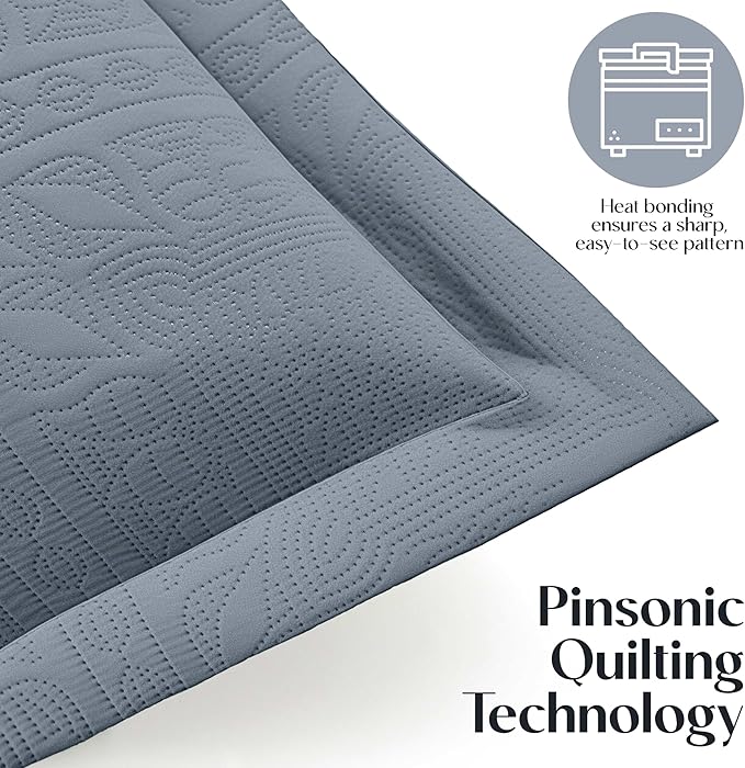 Hearth & Harbor Queen Quilt Set – All-Season Lightweight Bedspread & Coverlet with Pinsonic Weave - 7 Piece Queen Quilt Set with Pillow Shams, Steel Blue - Queen Grid