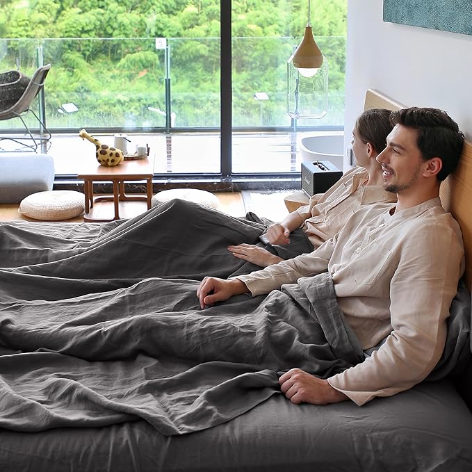 Simple&Opulence Belgian Linen Sheet Set Solid Color - 4 Pieces (1 Flat Sheet, 1 Fitted Sheet & 2 Pillowcases) Natural Flax Cotton Blend Soft Breathable Farmhouse Bedding - Full Size, Dark Grey