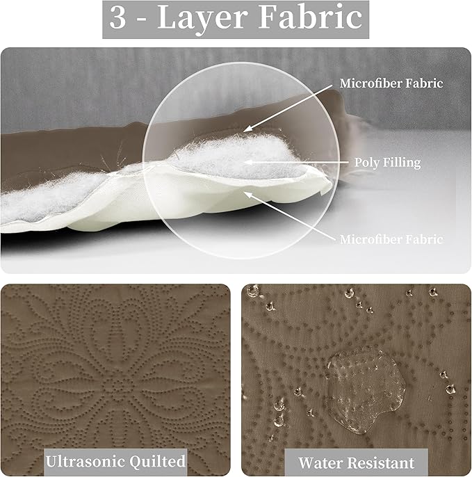 Easy-Going Twin Size Reversible Quilt Set with 1 Quilt and 1 Pillow Sham, Soft Bed Quilt Cover, Water Resistant Lightweight Microfiber Bedspread, Stain Resistant, Damask-Camel/Ivory
