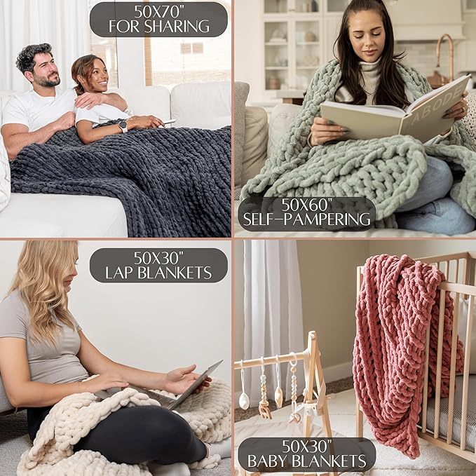 SAMIAH LUXE Chunky Knit Blanket Throw 50x70, Cream Chenille Chunky Knit Throw Blanket for Living Room Decor or Boho Decor, Thick Yarn Knitted Blankets for Couch or Bed, Cable Knitted Crochet Blankets