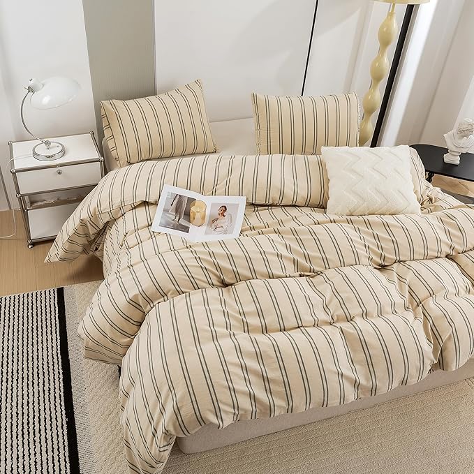 ECOCOTT Duvet Cover King Size - Linen Feel Organic Natural 100% Washed Cotton, Soft Breathable & Durable Bedding Set, Comfy Stripe Design for All Seasons