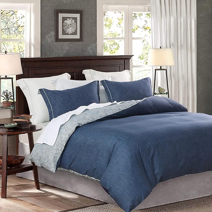 SLEEPBELLA Duvet Cover King Size, 600 Thread Count Cotton Navy & Grey Printed with Luxurious Blue Leaves Pattern Reversible Botanical Comforter Cover Sets, Bedding Set 3Pcs (King, Navy-Blue Leaves)