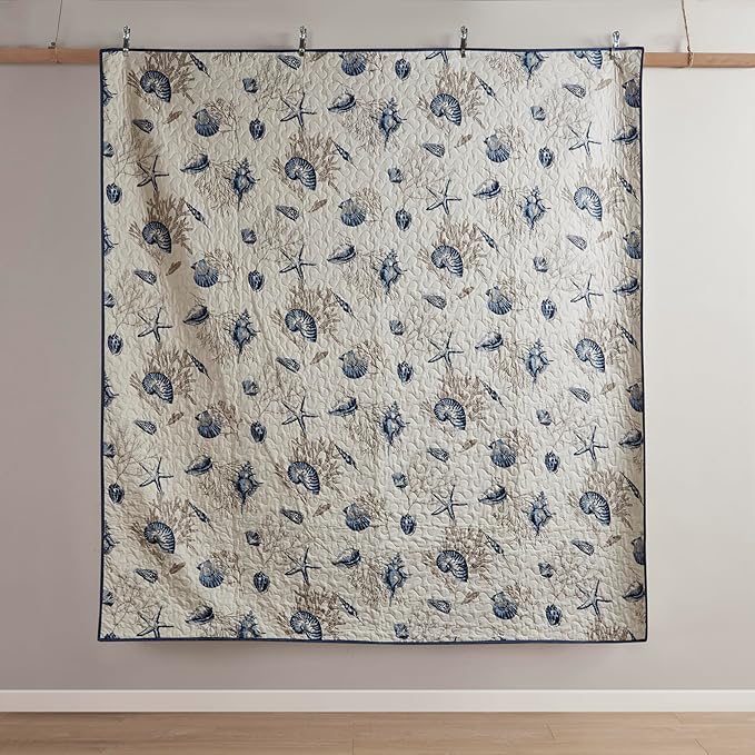 Madison Park Quilt Set Cottage Coastal Design, Starfish Print - All Season, Coverlet Bedspread Lightweight Bedding Layer, Shams, Toss Pillows, King/Cal King(104"x94"), Bayside Blue/Ivory 6 Piece