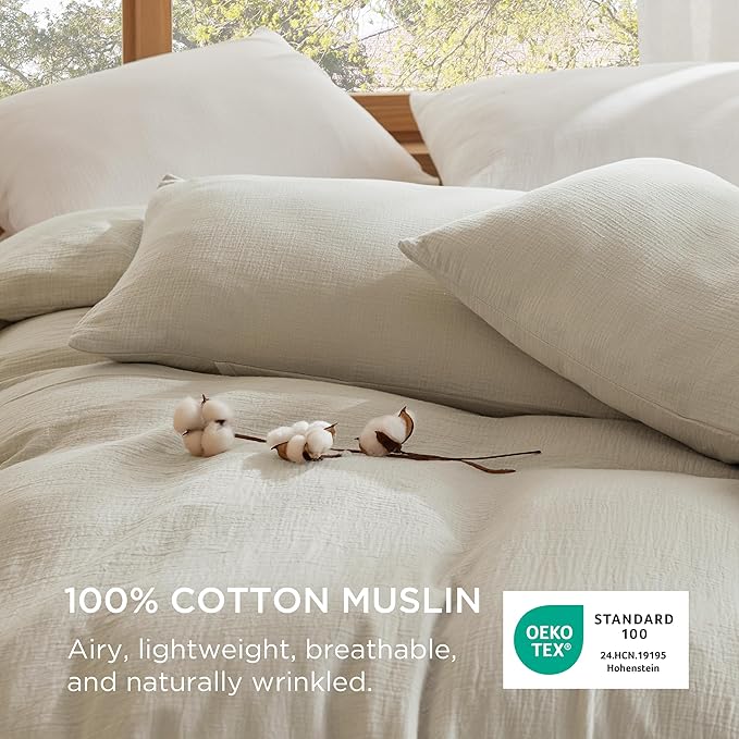 Bedsure 100% Muslin Cotton Duvet Cover Queen Size - Ultra-Soft, Breathable & Lightweight - Linen Like Gauze Comforter Cover Set with Button Closure and Corner Ties (Linen, Queen, 90"x90")