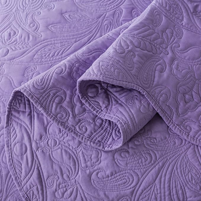 HoneiLife Queen Quilt Bedding Set - 3 Piece Microfiber Quilt Sets Lightweight Bedspreads Reversible Coverlets Rustic Bed Cover Floral Bedding Set All Season Quilts-Purple