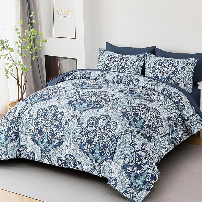 Drucon Paisley Comforter Set Queen Size, 7 Pieces Bed in a Bag Blue Boho Comforter, Soft Lightweight Microfiber Bedding Set (1 Comforter, 1 Flat Sheet, 1 Fitted Sheet, 2 Pillow Shams, 2 Pillowcases)