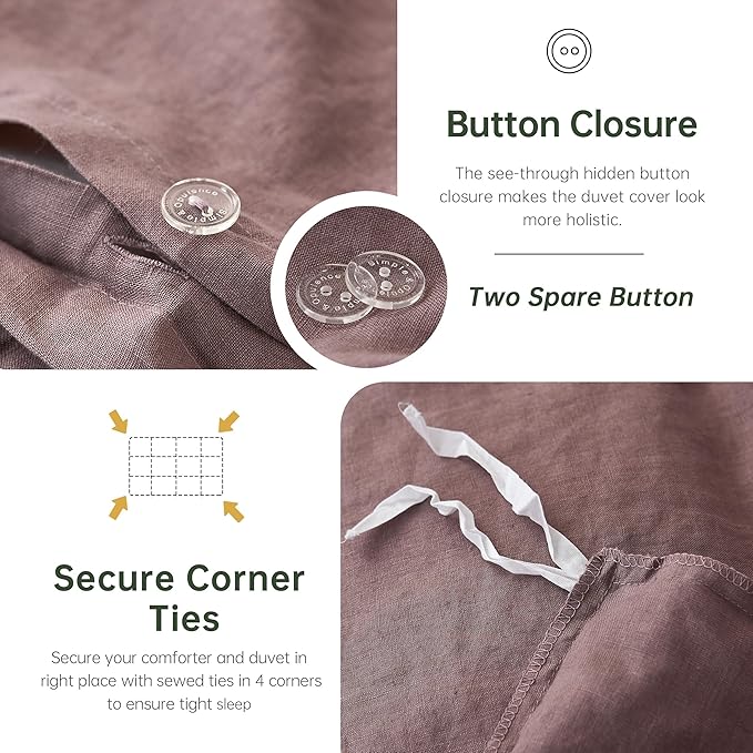 Simple&Opulence 100% Linen Duvet Cover Set, 3 PCS Natural French Flax Purple Duvet Cover Queen Size, Breathable Soft Comfy Linen Bedding Comforter Cover with 2 Pillowcases(Purple, 88"x92")