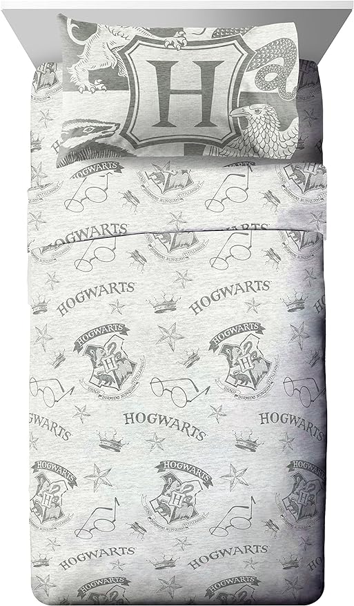 Jay Franco Harry Potter Spellbound 4 Piece Twin Bed Set - Includes Reversible Comforter & Sheet Set - Bedding Features Hogwarts Logo - Super Soft Polyester - (Official Harry Potter Product)