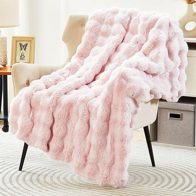 DREAMNINE Large Soft Thick Fuzzy Bubble Faux Rabbit Fur Bed Blanket Queen Size - 80" x 90", Big Warm Shaggy Fluffy Blankets for Winter, Solid Luxury Cozy Cute Bumpy Furry Blanket for Bed Adult, Pink