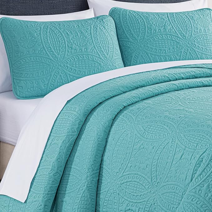 Chezmoi Collection Austin 3-Piece Oversized Bedspread Coverlet Set (Queen, Turquoise)