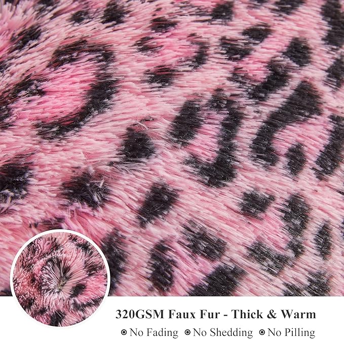 XeGe Cheetah Print Fluffy Faux Fur Duvet Cover Set, 3 Pieces Soft Plush Shaggy Fuzzy Bedding Set(1 Faux Fur Leopard Print Comforter Cover + 2 Furry Pillowcases), Zipper Closure(Queen, Black and Pink)