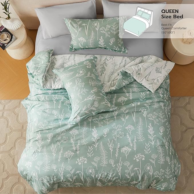 Joiedomi Queen Comforter Set, Sage Green 3 Pieces Floral Queen Bedding Set for Girls Bed with 1 Soft Reversible Botanical Comforter and 2 Pillow Shams, Bed in a Bag for All Seasons