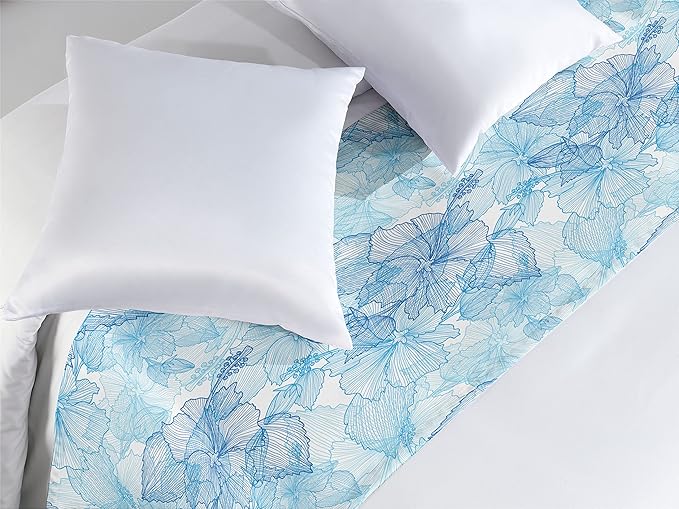 Lunarable Blue and White Bed Runner, Hibiscus Flowers Tropical Foliage Hand Drawn Monotone Design, Decorative Accent Bedding Scarf for Hotels Homes and Guestrooms, King, Cobalt Blue