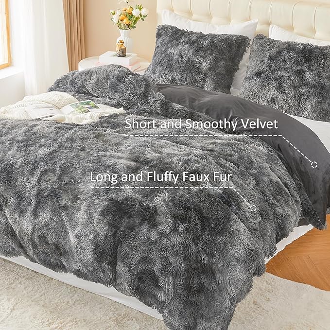 EMME Luxury Fuzzy Duvet Cover Set Queen Size 3 Pieces Fluffy Comforter Cover Set for Queen Bed Shaggy and Plush Soft Bedding Duvet Covers (Dark Grey, Queen)