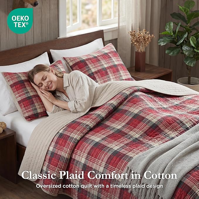Woolrich Reversible Quilt Cabin Lifestyle Design - All Season, Breathable Coverlet Bedspread Bedding Set, Matching Shams, Oversized Full/Queen, Tasha Plaid Red/Tan 3 Piece
