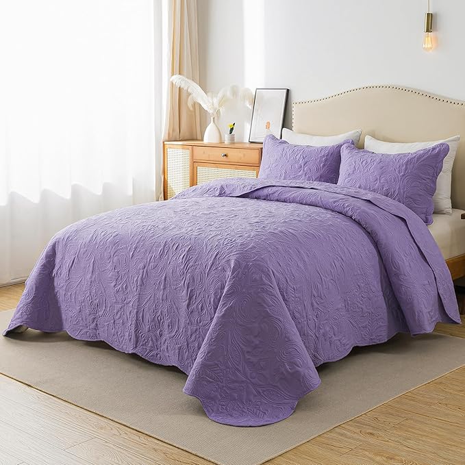 HoneiLife Quilt Sets King Size - 3 Piece Microfiber Quilt Set Lightweight Bedspreads Reversible Coverlets Rustic Bed Cover King Quilt Bedding Set All Season Quilts-Purple