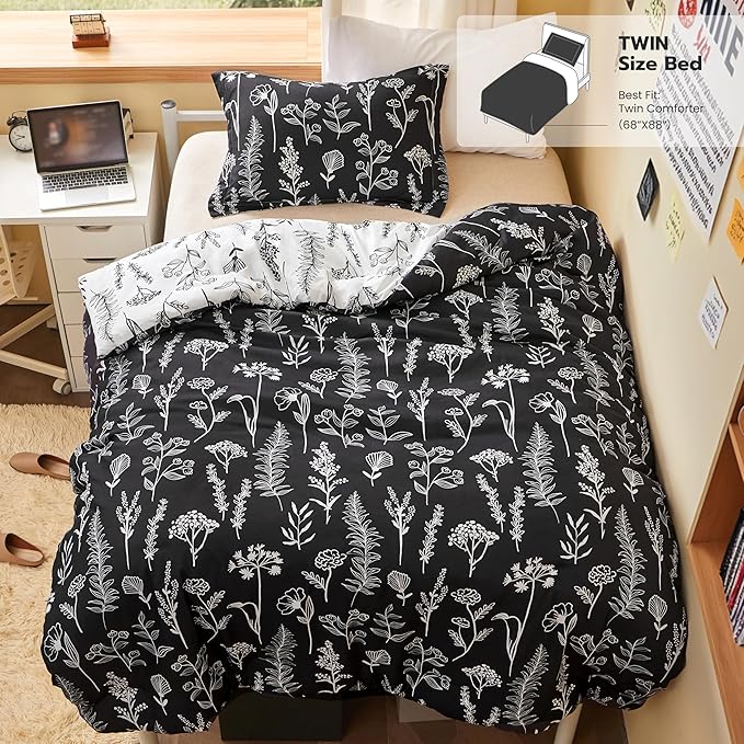 Joiedomi Twin Comforter Set Black, 2 Pieces Floral Twin Bedding Set with 1 Soft Reversible Botanical Comforter and 1 Pillow Sham, Bed in a Bag for All Seasons