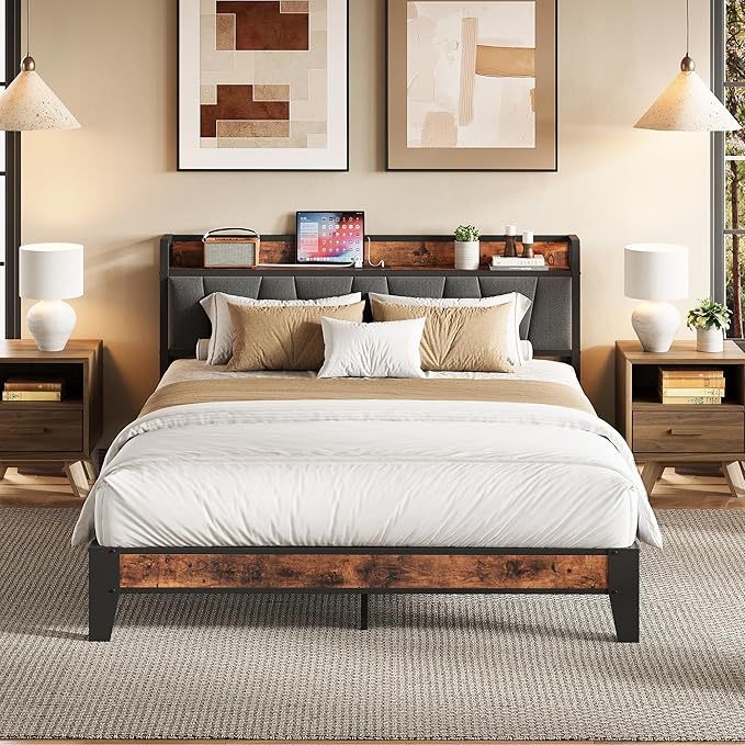 LIKIMIO Full Bed Frame, Storage Headboard with Charging Station, Solid and Stable, Noise Free, No Box Spring Needed, Easy Assembly