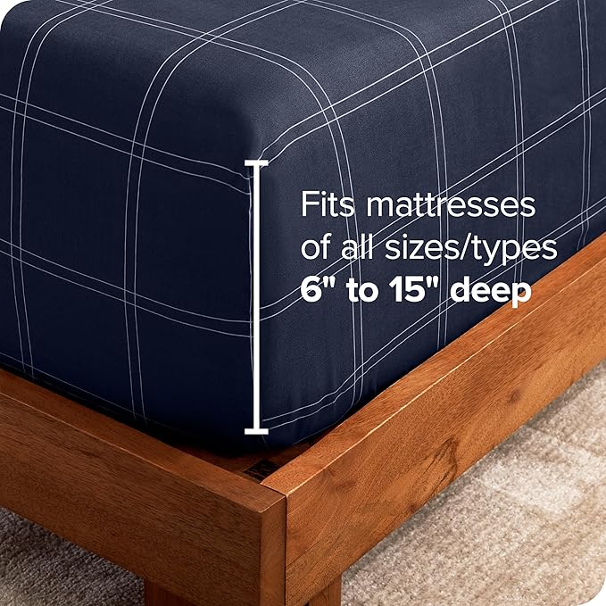 Fitted Bottom Sheet Full Size - Premium 1800 Microfiber - Ultra-Soft Hotel Luxury - Deep Pocket - Durable and Long Lasting - Fitted Sheet (Full, Modern Plaid - Midnight Blue/White)