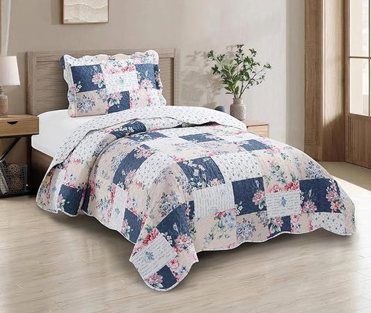Brilliant Sunshine Roses in Beige Quilt Set, 2-Piece Bedding Sets, Lively Patchwork Design, Washable, Reversible Bedspread, Soft Lightweight Coverlet, All-Season, Twin/Twin XL, Vintage Indigo