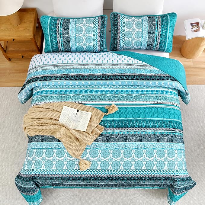 WONGS BEDDING Boho Quilt Set Queen Size, Teal 3 Pieces Bohemian Striped Patchwork Bedspread Coverlet, Lightweight Soft Microfiber Bedding Set for All Season (96"x90")