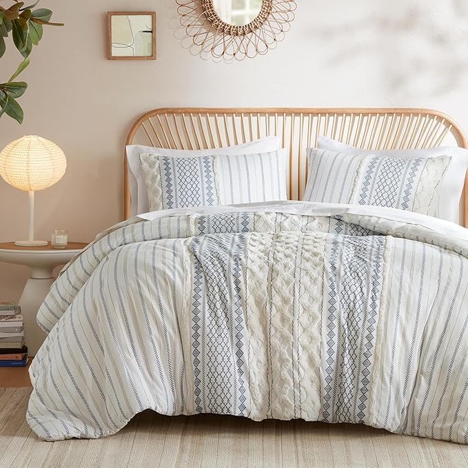 INK+IVY 100% Cotton Duvet Mid Century Modern Design, All Season Comforter Cover Bedding Set, Matching Shams, Full/Queen, Imani Chenille Navy
