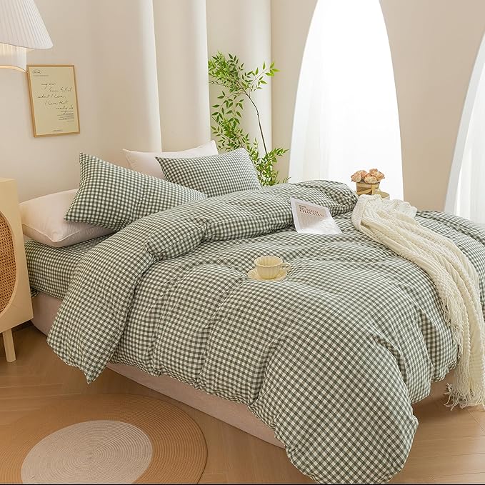 ECOCOTT Green Gingham Duvet Cover Queen Size 100% Washed Cotton Like Linen Feel Super Soft & Comfy Bedding Set Modern Checkered Design for All Seasons