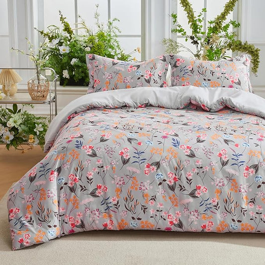 Joiedomi King Size Comforter Set Light Grey, 3 Pieces Floral King Bedding Set with 1 Soft Reversible Flower Comforter and 2 Pillow Shams, Bed in a Bag for All Seasons