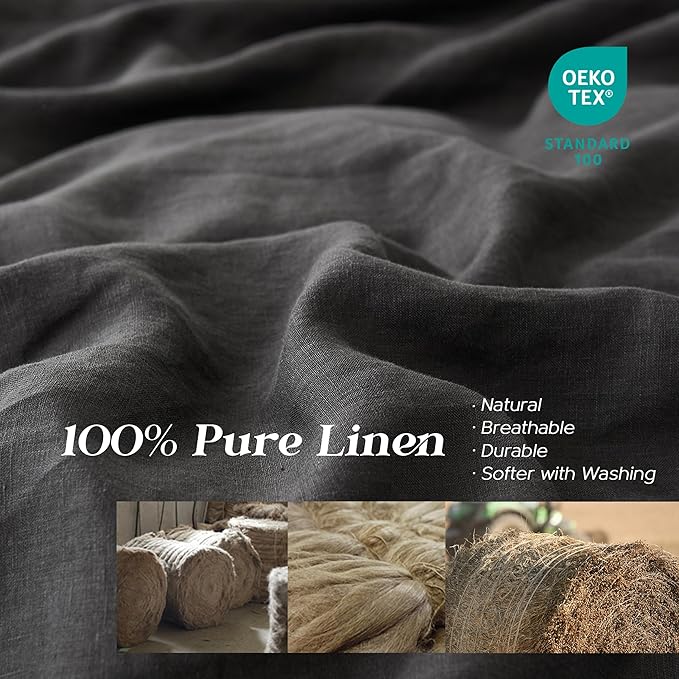 Simple&Opulence 100% Linen Duvet Cover Set, 3 PCS Natural French Flax Dark Grey Duvet Cover Full Size, Breathable Soft Comfy Linen Bedding Comforter Cover with 2 Pillowcases(Dark Grey, 78"x86")