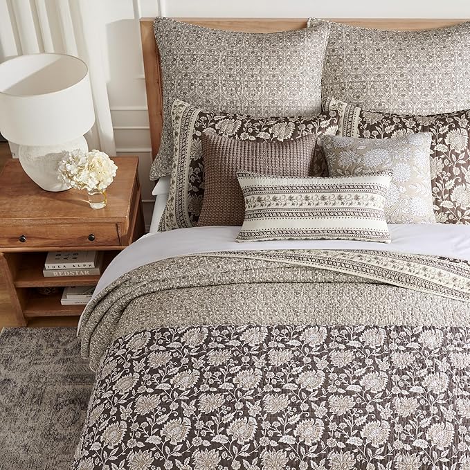 Levtex Home Adare Cocoa Reversible Twin/Twin XL Quilt Set (68x86in) with 1 Pillow Sham (26x20in) - Floral Bedding - Brown Cream - Cotton Twin Size Quilt Bedding Set - Lightweight, Soft, Pre-Washed
