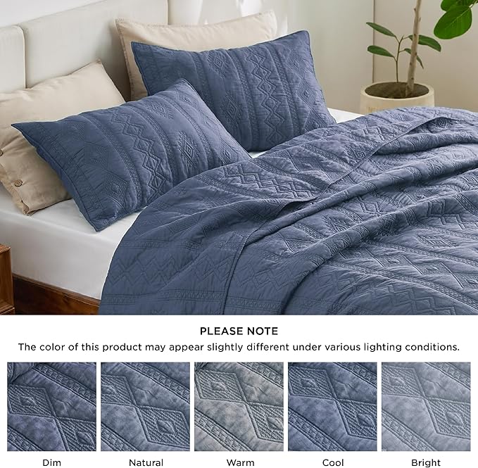 Bedsure 100% Cotton Quilt Set - Lightweight Queen Bedspread, Navy Blue Cozy Bedding Coverlet 3-Piece with Pillow Shams in Geometric Pattern for All Season, 90x96 inches, 100% Cotton Voile