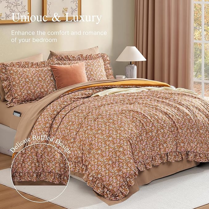 Queen Comforter Set - 7 Pieces Ruffle Brown Bedding Sets, Shabby Chic Farmhouse Bed in a Bag with Ruffle Comforter, Sheets, Pillowcases & Shams