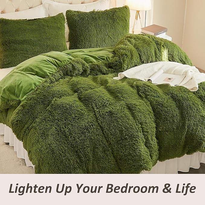 EMME Luxury Green Fuzzy Duvet Cover Set King Size 3 Pieces Fluffy Comforter Cover Set for King Bed Shaggy and Plush Soft Bedding Duvet Covers (Green, King)