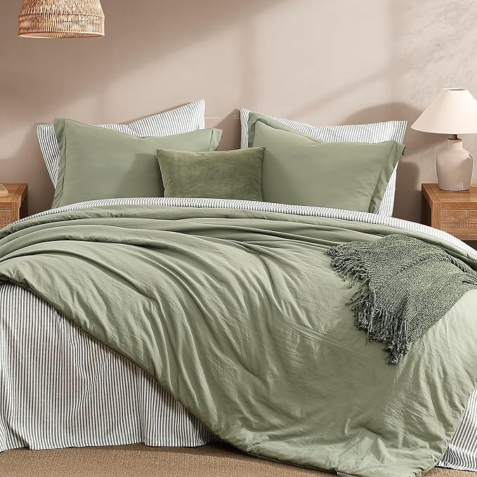 Monbix King Size Comforter Set - 7 Pieces Green Prewashed Bed in a Bag King Bedding Sets with Comforters, All Seasons Ultra Soft Comforter Bed Set with Sheets,Pillowcases & Shams