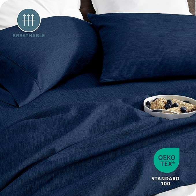 Bare Home Full XL Sheet Set - Luxury 1800 Ultra-Soft Microfiber Full Extra Long Sheets - Double Brushed - Deep Pockets - Easy Fit - 4 Piece Set (Full XL, Heathered Dark Blue)