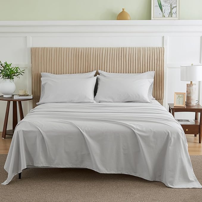 Simple&Opulence Belgian Linen Sheet Set Solid Color - 6 Pieces (1 Flat Sheet & 1 Fitted Sheet & 4 Pillowcases) 16" Deep Pocket Natural Flax Cotton Blended Soft Bedding - Khaki Grey, Queen Size