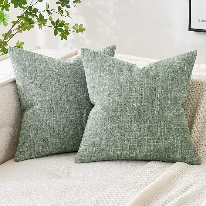 MIULEE Pack of 2 Decorative Linen Burlap Textured Pillow Covers Farmhouse Boho Accent Pillowcases Spring Home Decor for Couch Sofa Bedroom Living Room 16x16 Inch Sage Green