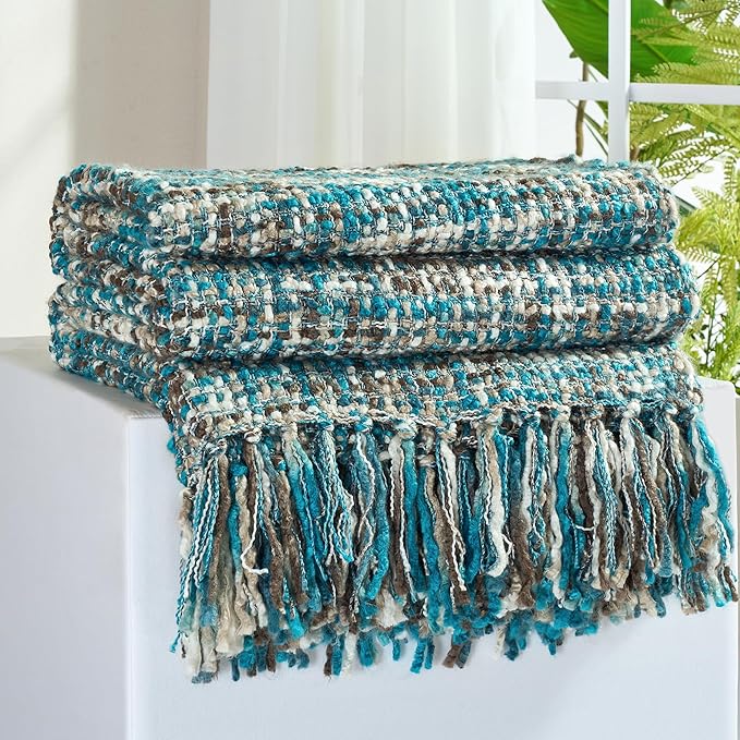 Multi-Color Teal Cable Knitted Throw Blanket for Couch,60"X80" Boho Style Textured Blankets for Home Decor,Super Soft Warm Cozy Chunky Knit Blanket with Decorative Tassels for Bed and Sofa