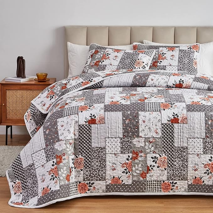 Patchwork Quilt Set Twin Size, 2 Pieces Grey White Floral Plaid Design Summer Bedspread Coverlet Set, Soft Microfiber Reversible Lightweight Bed Cover for Kids (68" x 86", 1 Quilt+ 1 Pillow Sham)
