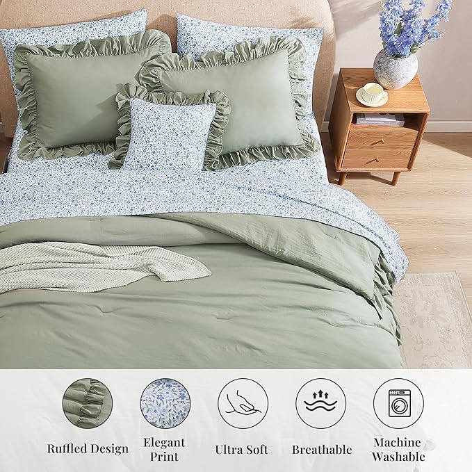 California King Comforter Set - 7 Pieces Ruffle Sage Leaf Bedding Sets, Shabby Chic Farmhouse Bed in a Bag with Ruffle Comforter, Floral Sheets, Pillowcases & Shams