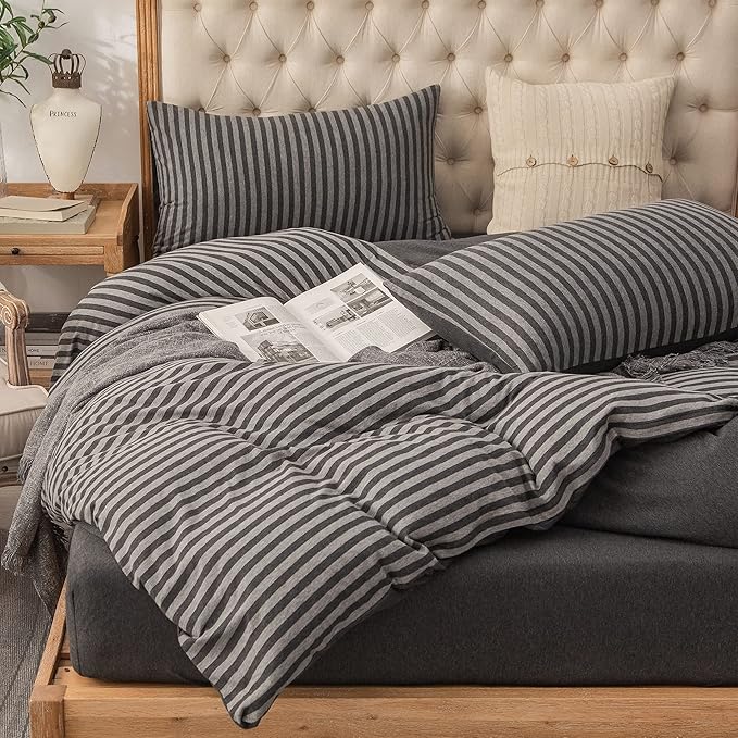 PURE ERA Jersey Knit Duvet Cover Set 100% T-Shirt Heather Cotton Super Soft Comfy Classic Striped Design, with Zipper Closure, Charcoal Dark Grey Stripe, Cal King
